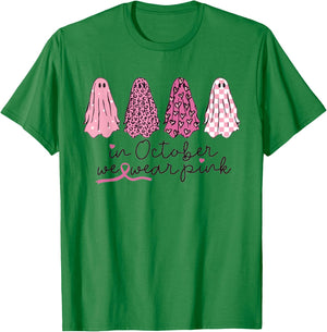 Women In October We Wear Pink Wizard Ghosts Breast Cancer T-Shirt - T-Shirt | Irish Green