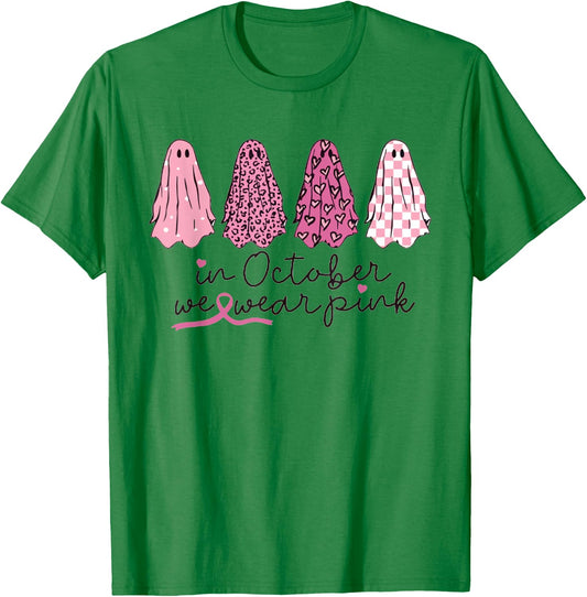 Women In October We Wear Pink Wizard Ghosts Breast Cancer T-Shirt - T-Shirt | Irish Green