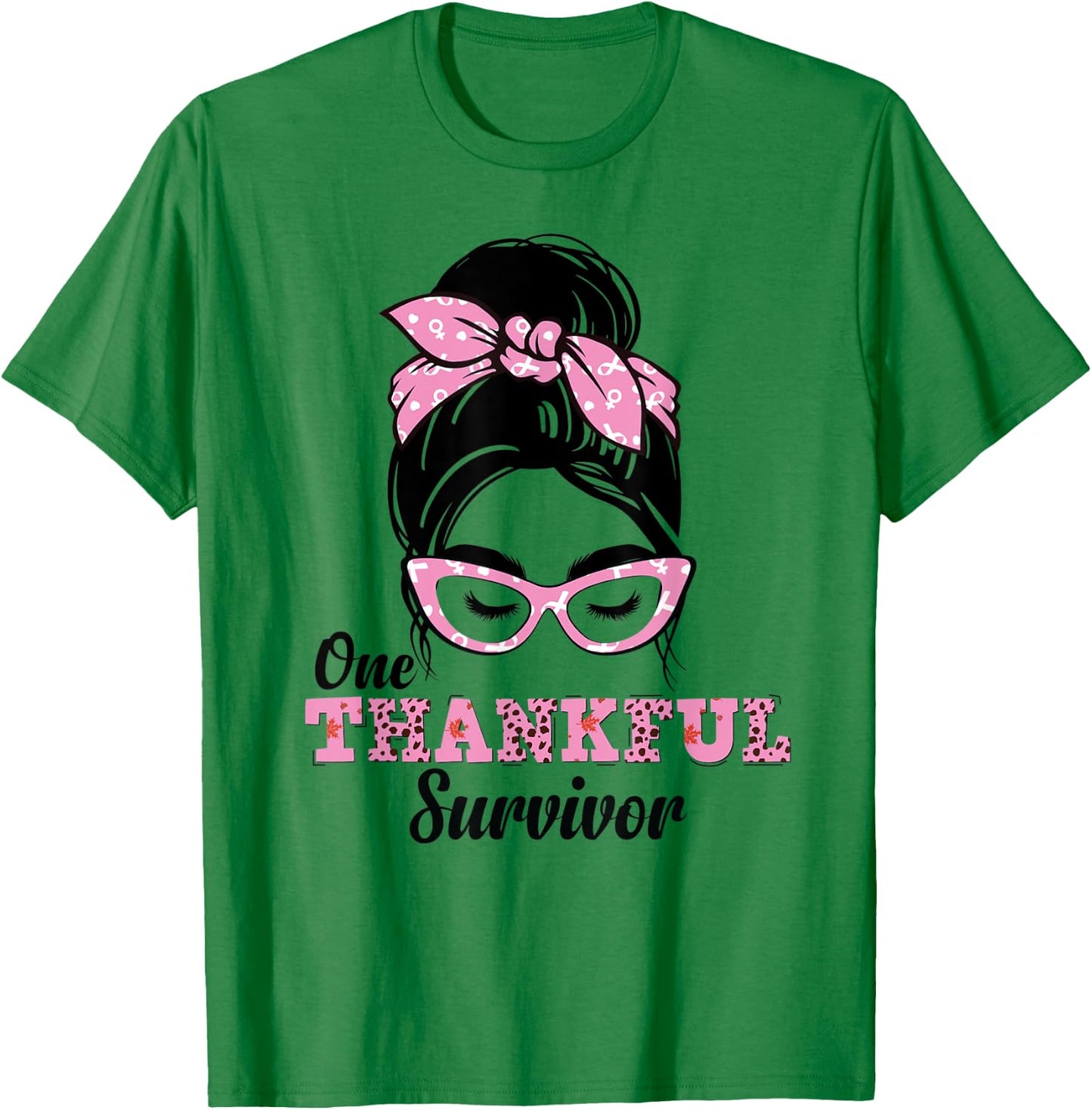 One Thankful Survivor Messy Bun Breast Cancer Awareness T-Shirt - T-Shirt | Irish Green