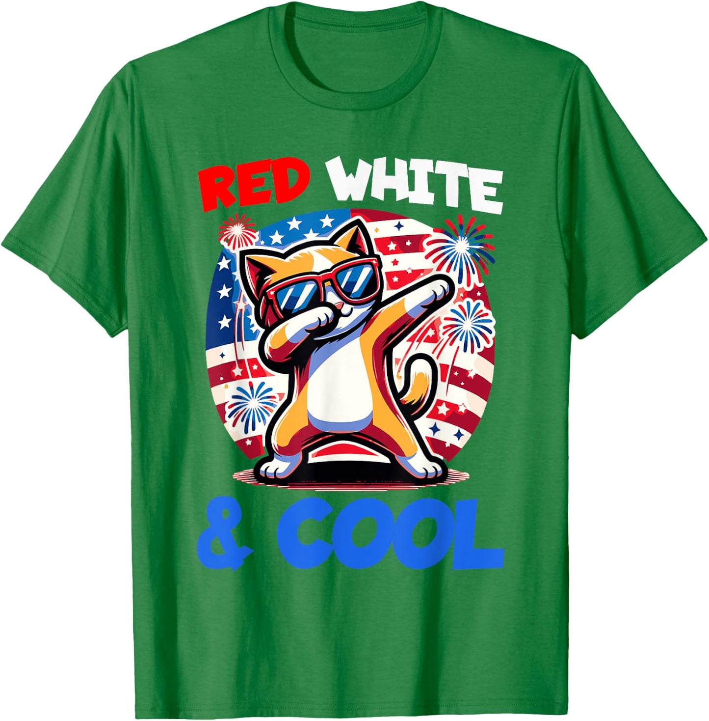 4th of July Red White & Cool Dabbing Kitty Cat Funny Graphic T-Shirt - T-Shirt | Irish Green