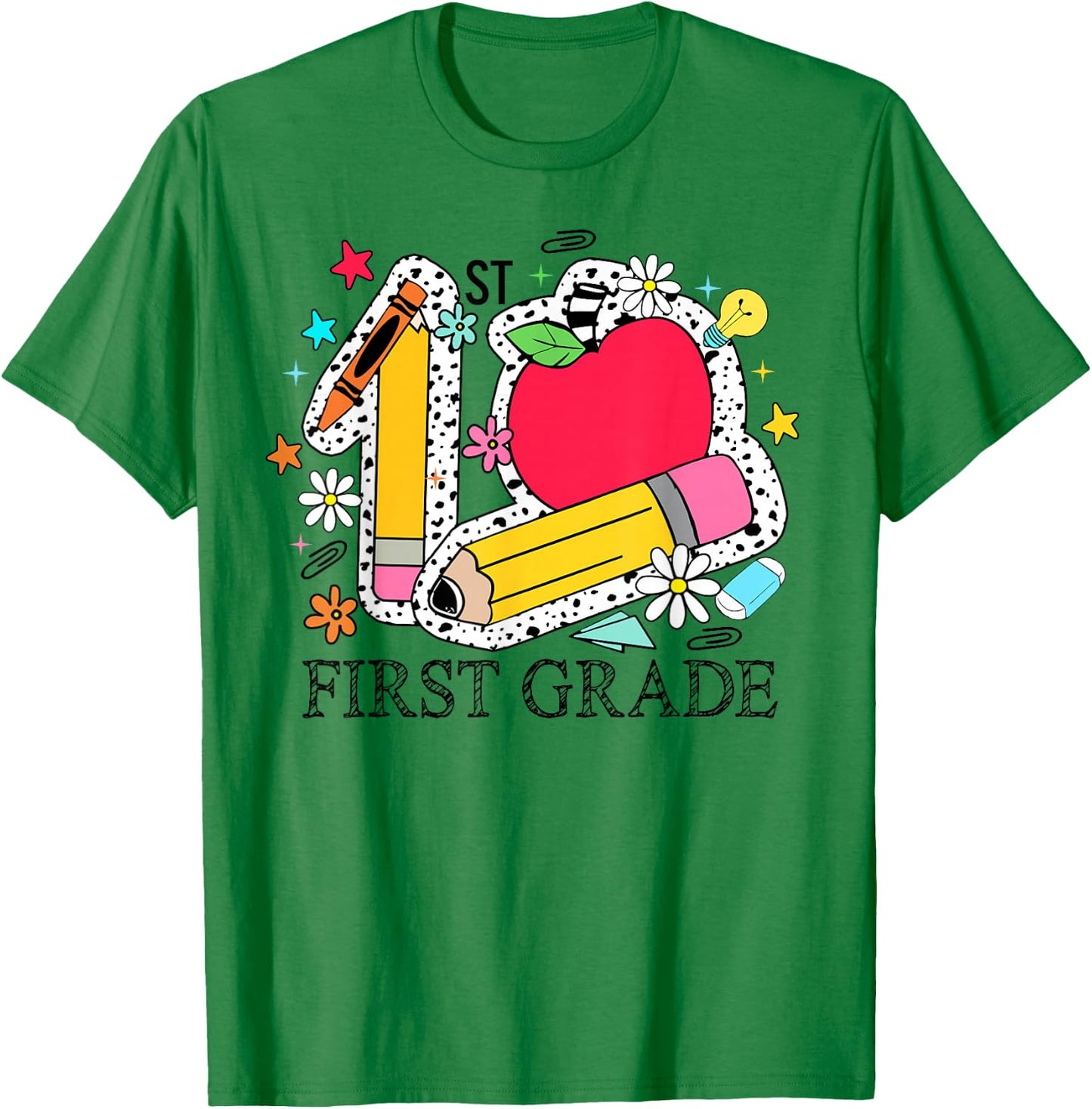 First Grade 1st Grade Teacher Pencil Apple Back To School T-Shirt - T-Shirt | Irish Green