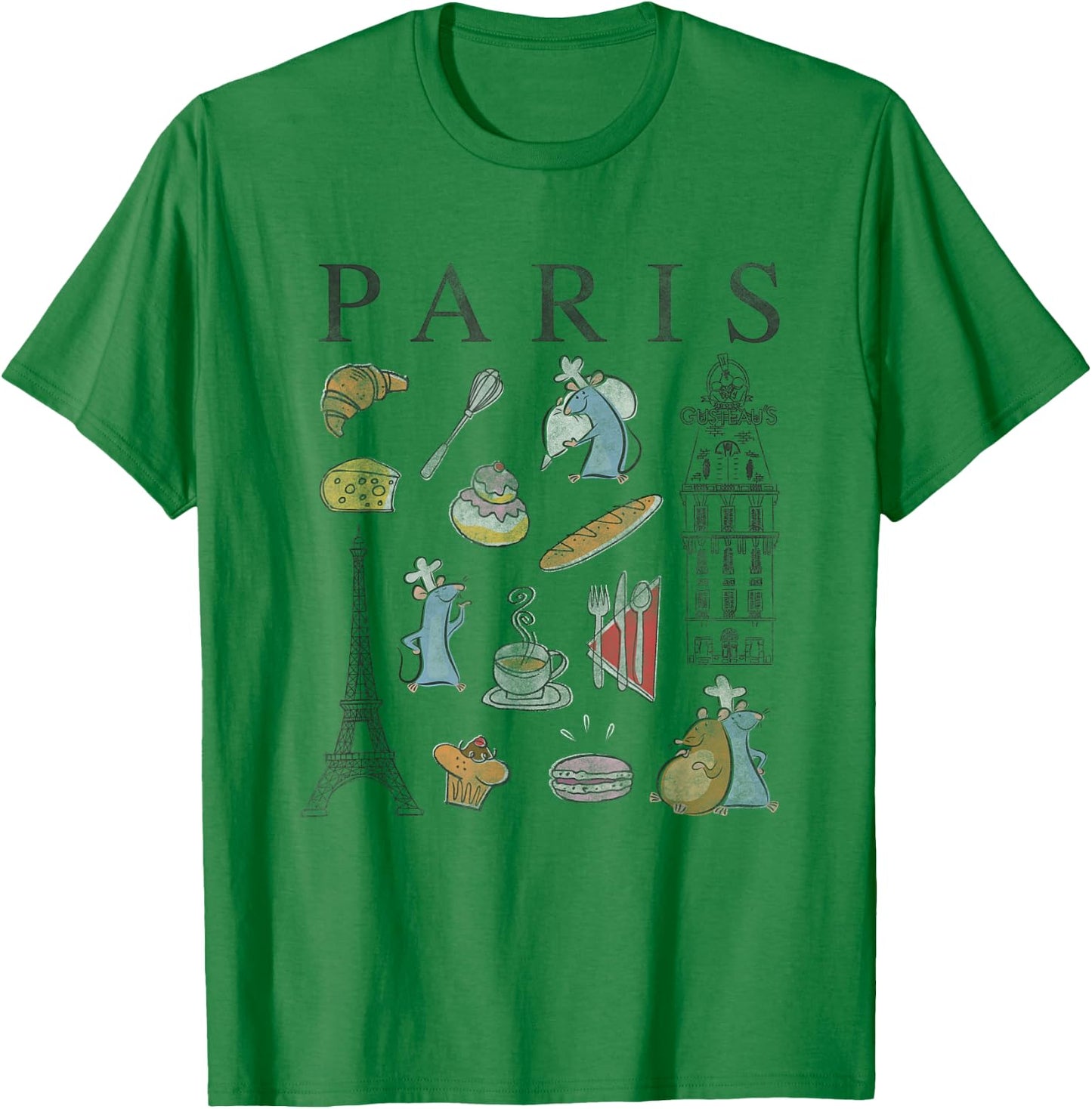 Disney Pixar Ratatouille Paris Food & Places Collage Retro T-Shirt - T-Shirt | Irish Green