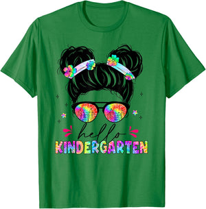 Hello Kindergarten shirt messy bun tie dye back to school T-Shirt - T-Shirt | Irish Green