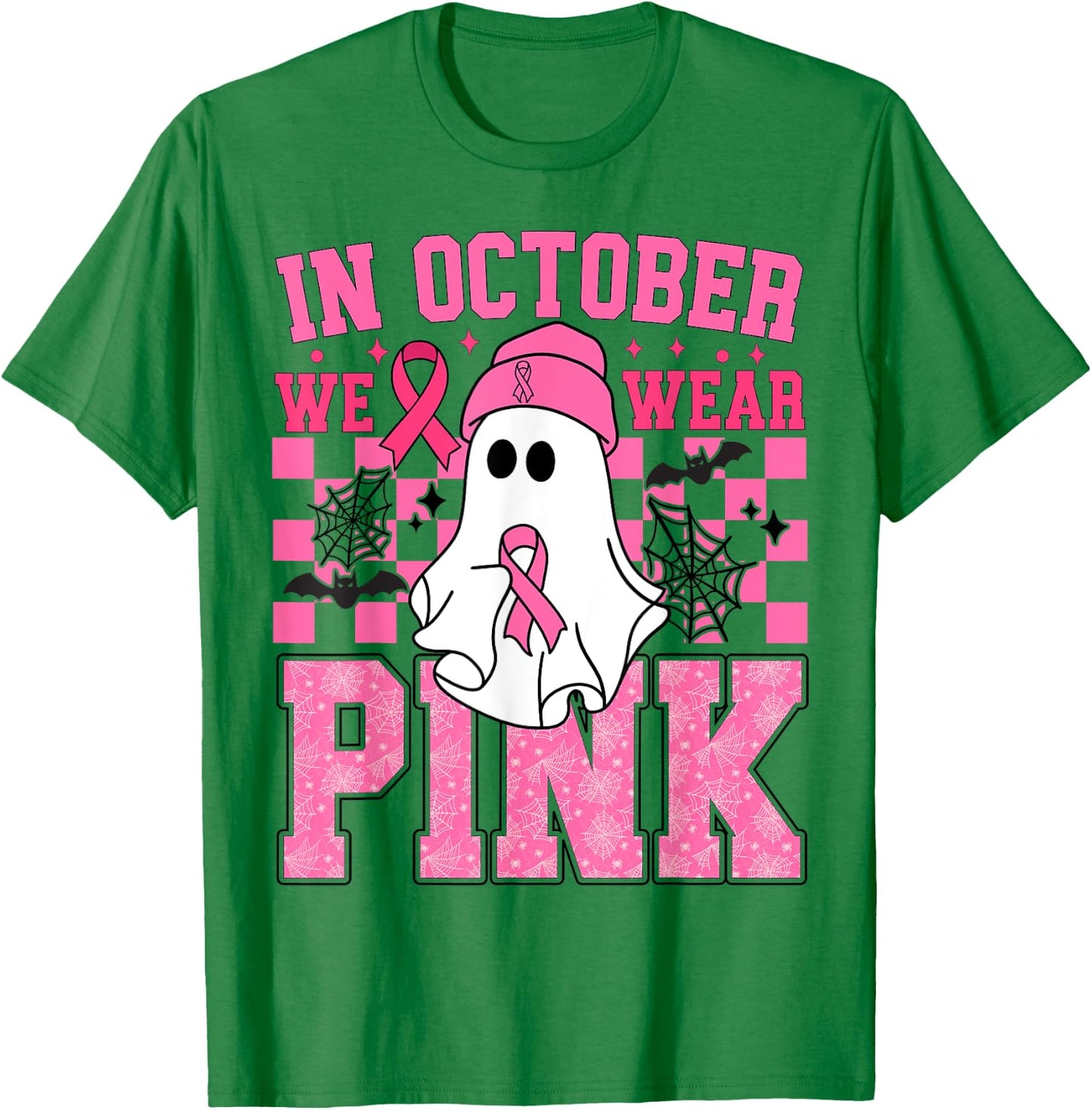 In October We Wear Pink Breast Cancer Awareness Halloween T-Shirt - T-Shirt | Irish Green