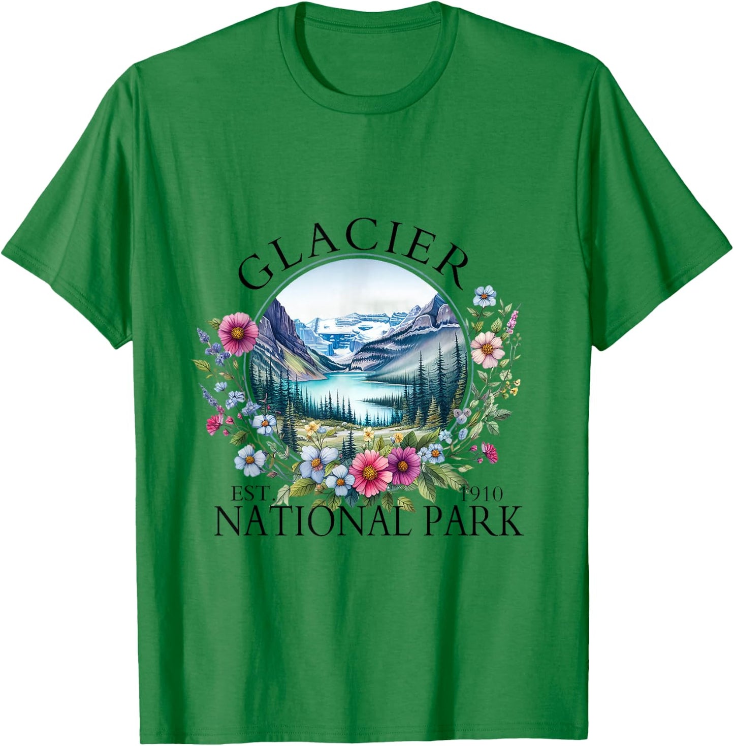 Retro Floral Glacier National Park Hiking Camping Outdoor T-Shirt - T-Shirt | Irish Green