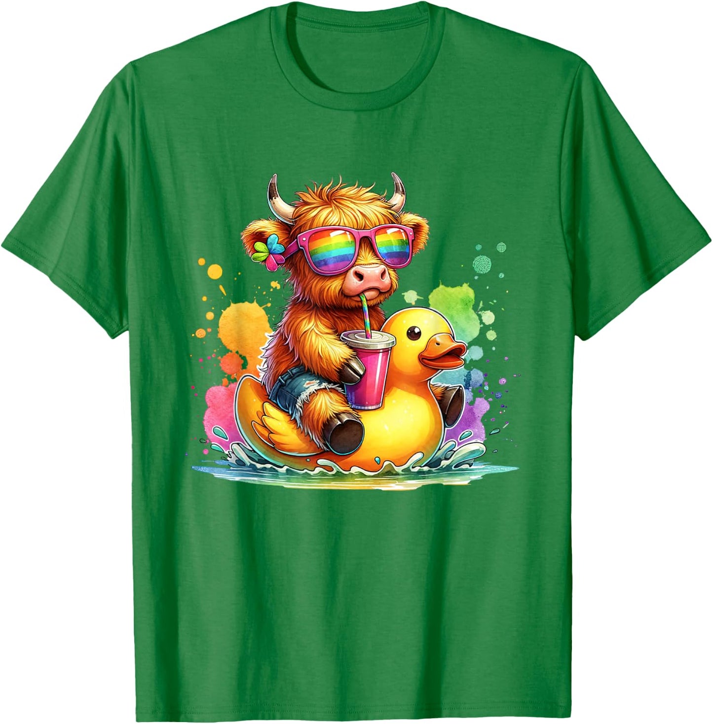 Cute Highland Cow Duck Pool Float Summer Vibes Swimming T-Shirt - T-Shirt | Irish Green