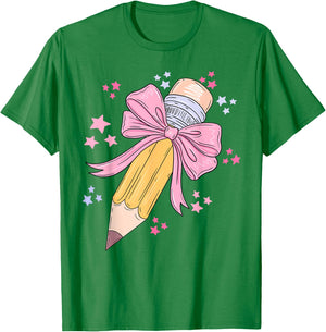 Pencil Coquette Bow Pink Back To School Teachers Girls Kids T-Shirt - T-Shirt | Irish Green