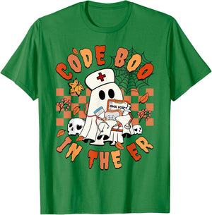 Retro Code Boo In The ER ICU Nurses Ghost Halloween Costume T-Shirt - T-Shirt | Irish Green