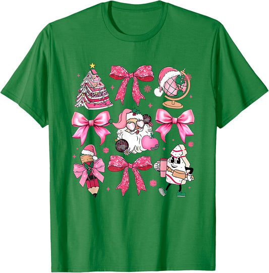 Women Pink Santa Teacher Christmas Coquette Bow Pencil Santa T-Shirt - T-Shirt | Irish Green