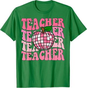 Retro Pink Disco Ball Apple Teacher Colorful Back To School Men Women Girls Kids T-Shirt - T-Shirt | Irish Green