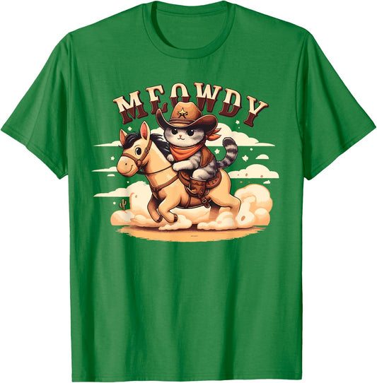 Cat Cowboy Funny Mashup Meowdy Partner Horse Western Country T-Shirt - T-Shirt | Irish Green