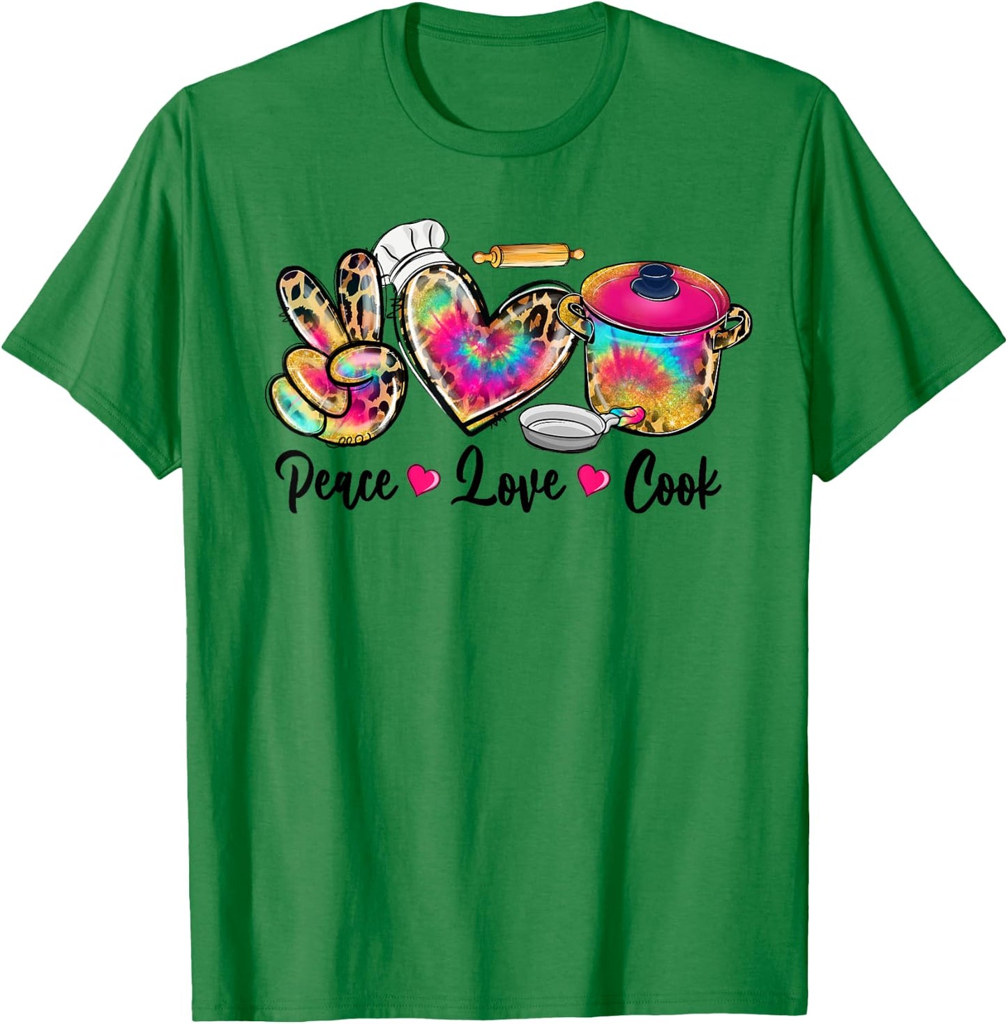 Peace Love Cooking Lunch Lady Life Tie Dye Leopard T-Shirt - T-Shirt | Irish Green