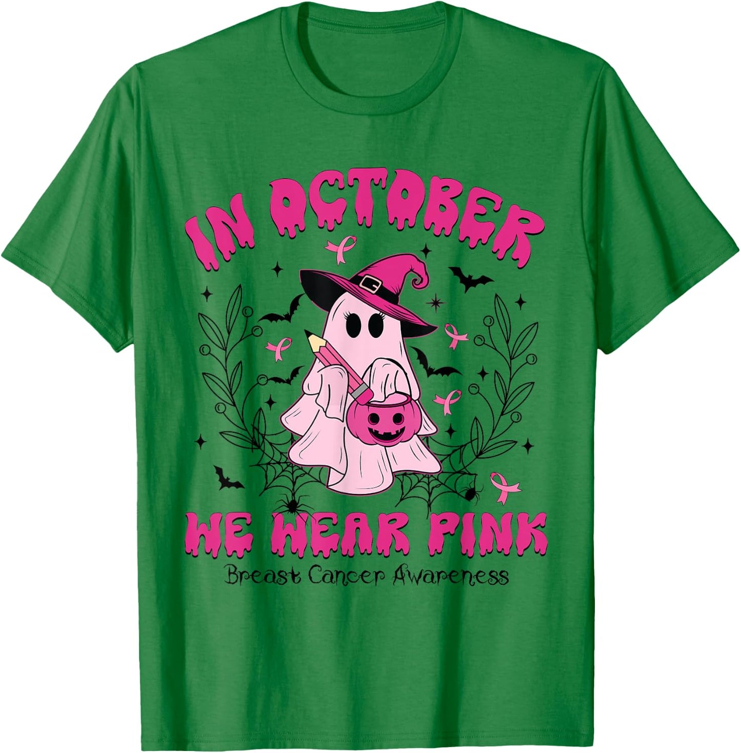 Teacher Boo Ghost In October We Wear Pink Breast Cancer T-Shirt - T-Shirt | Irish Green