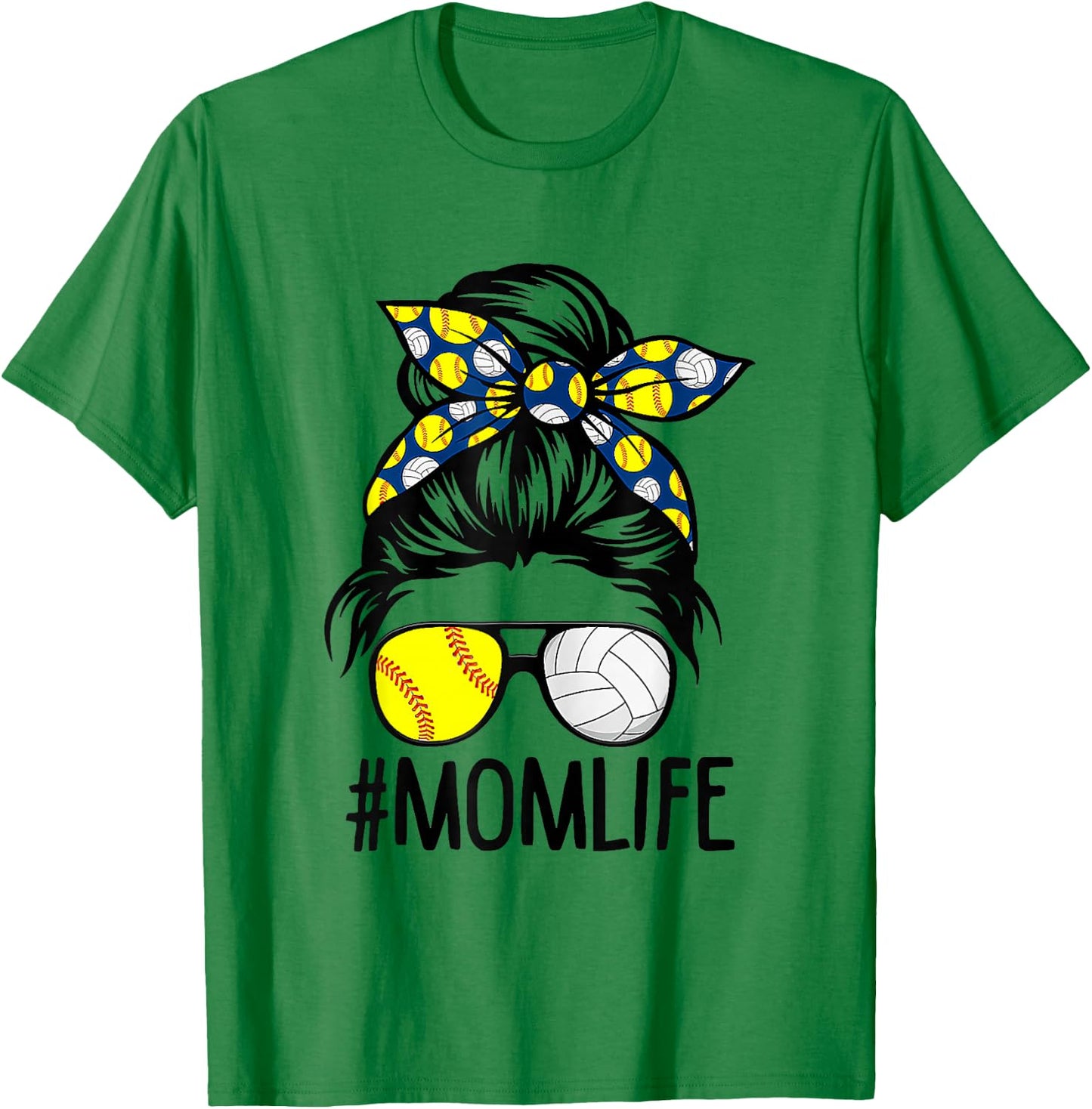Dy Mom Life Softball Volleyball Mothers Day Messy Bun T-Shirt - T-Shirt | Irish Green