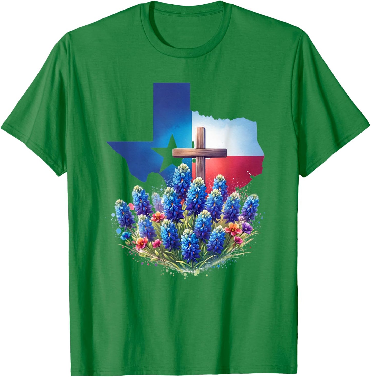 Christian Texan Pride, Bluebonnet Flower Cross T-Shirt - T-Shirt | Irish Green