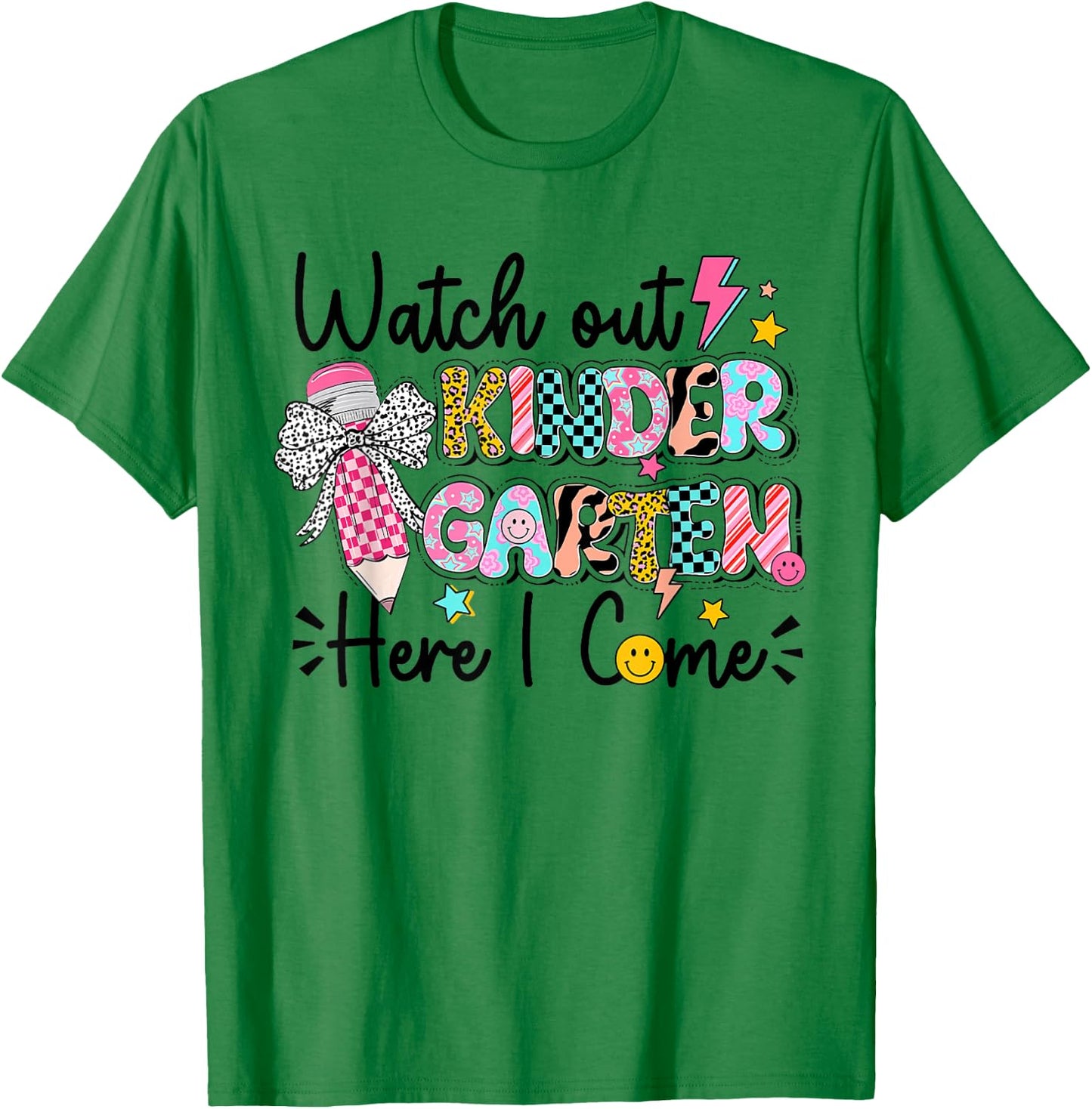 Kids Watch Out Kindergarten Here I Come First Day Of School T-Shirt - T-Shirt | Irish Green