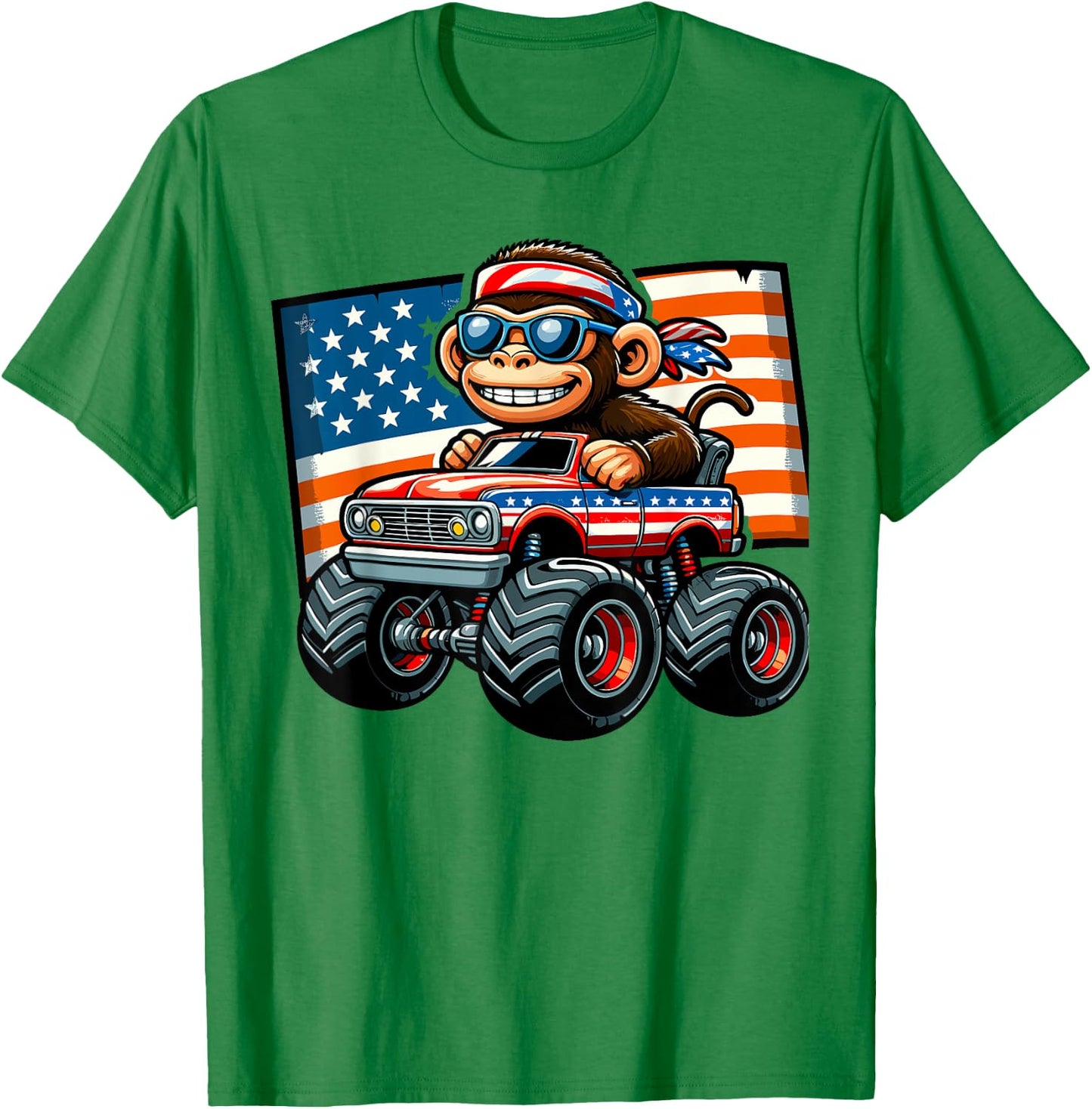 Patriotic Monkey 4th July Monster Truck American Women Kids Men T-Shirt - T-Shirt | Irish Green