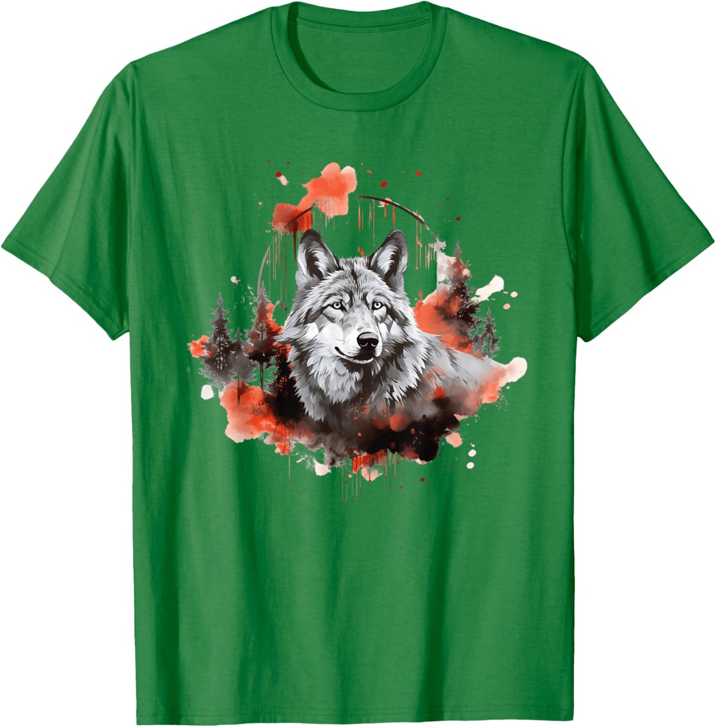 Wolf Splash Art Animal Face Forest Landscape Wolf T-Shirt - T-Shirt | Irish Green