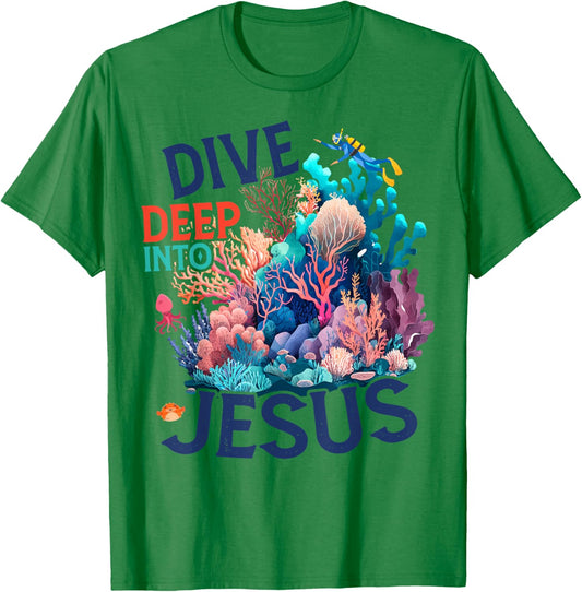 Dive Deep Into Scuba VBS 2024 Bible School Jesus Christian T-Shirt - T-Shirt | Irish Green