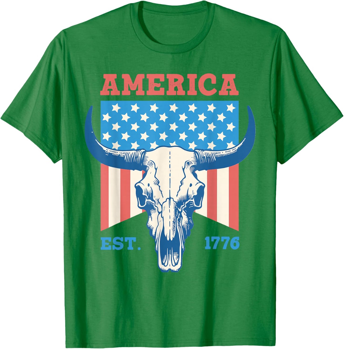 America Est 1776 Vintage Bull Skull US Flag 4th of July Women Kids Men T-Shirt - T-Shirt | Irish Green