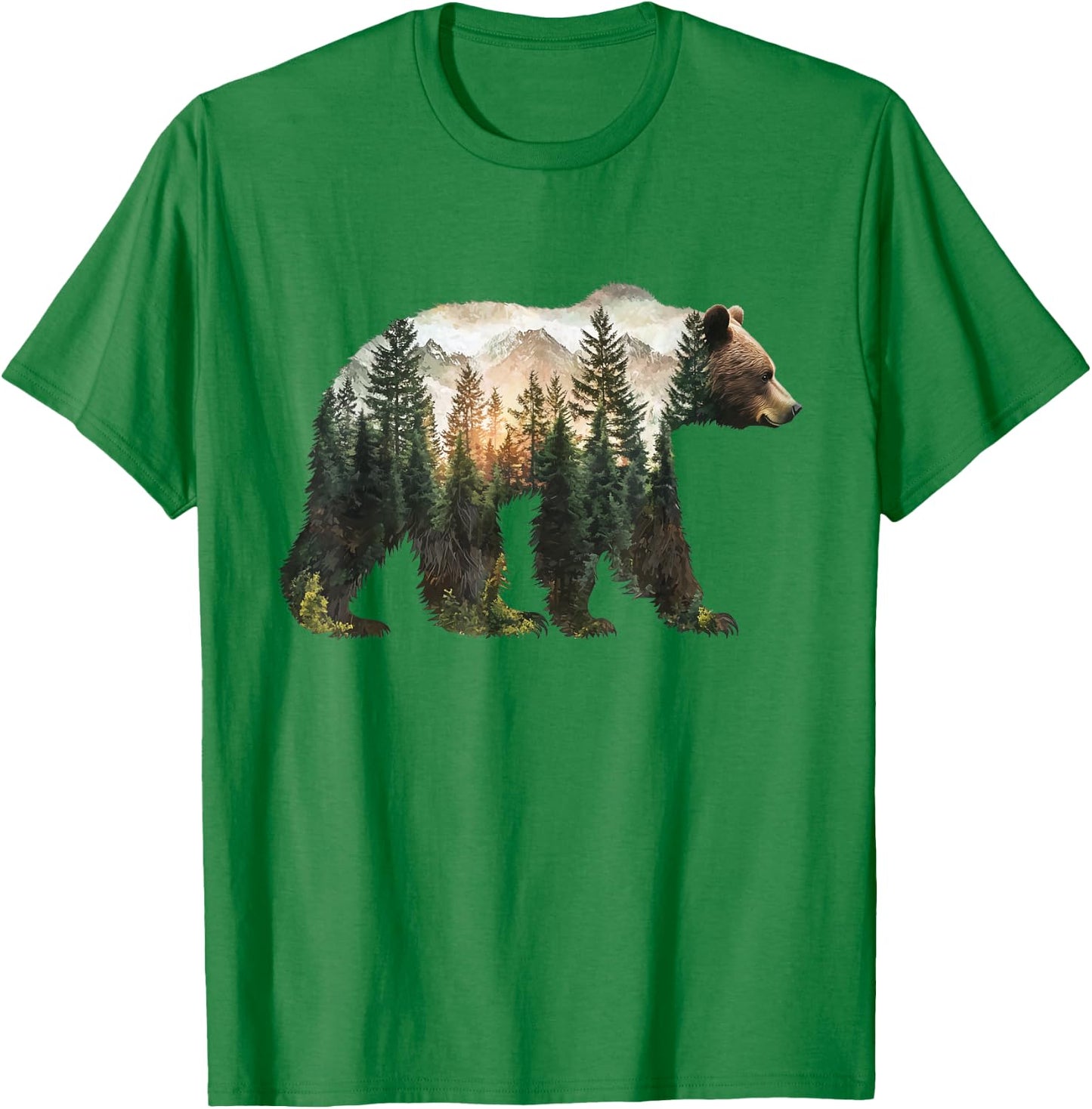 Bear Forest Mountains Trees Nature Sunset Outdoor Graphic T-Shirt - T-Shirt | Irish Green