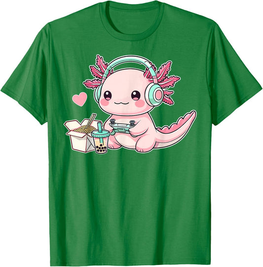 Chibi Axolotl Lover Headphone Gamer Cute Axolotl Graphic T-Shirt - T-Shirt | Irish Green