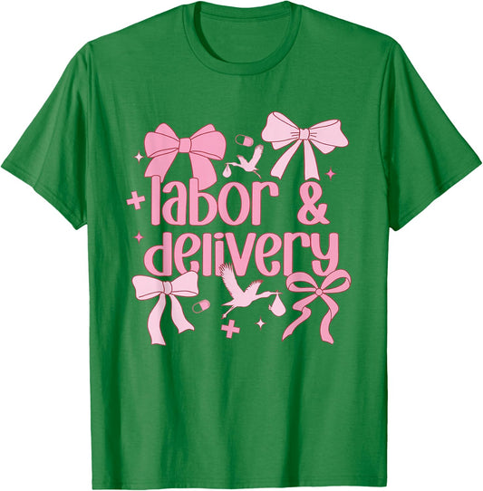 Women Labor and Delivery Nurse Grad Coquette Pink Bow Ribbon T-Shirt - T-Shirt | Irish Green