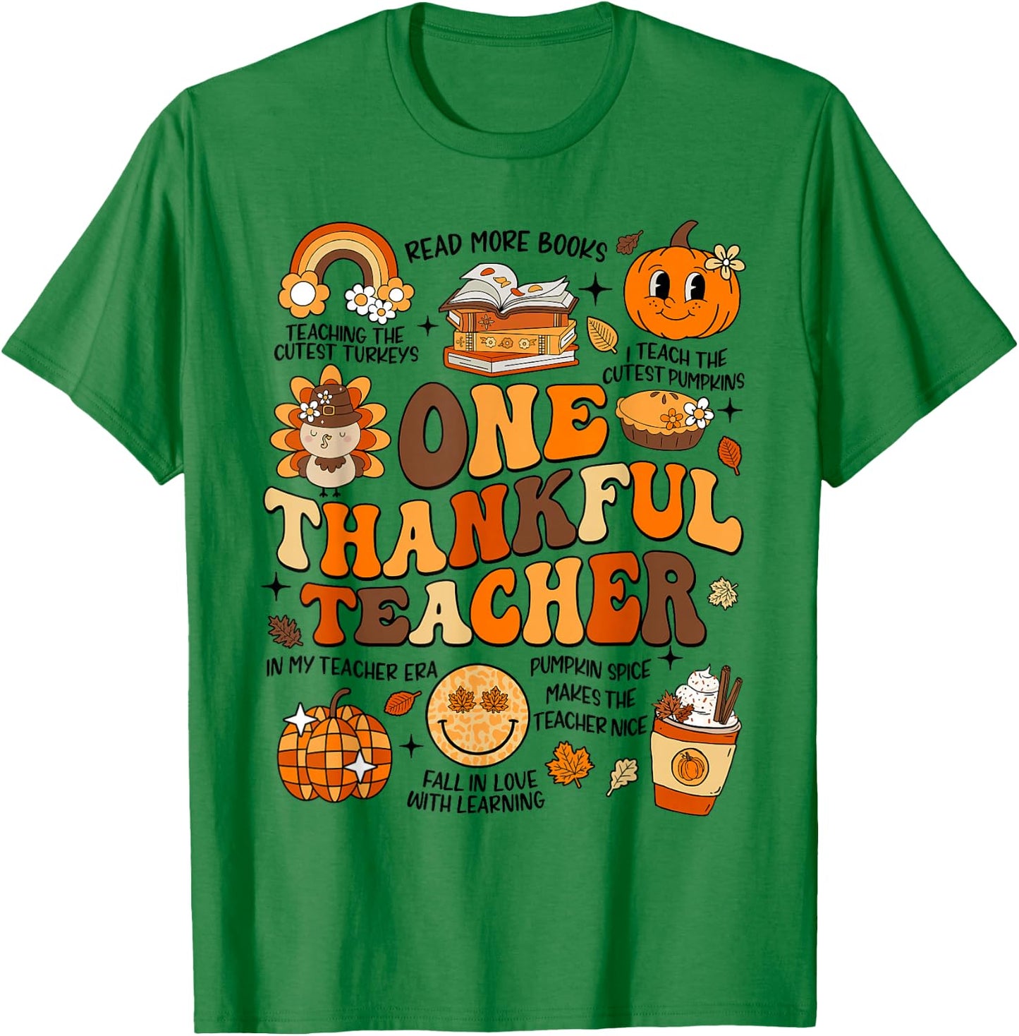 One Thankful Teacher Thanksgiving Retro Groovy Fall Teachers T-Shirt - T-Shirt | Irish Green