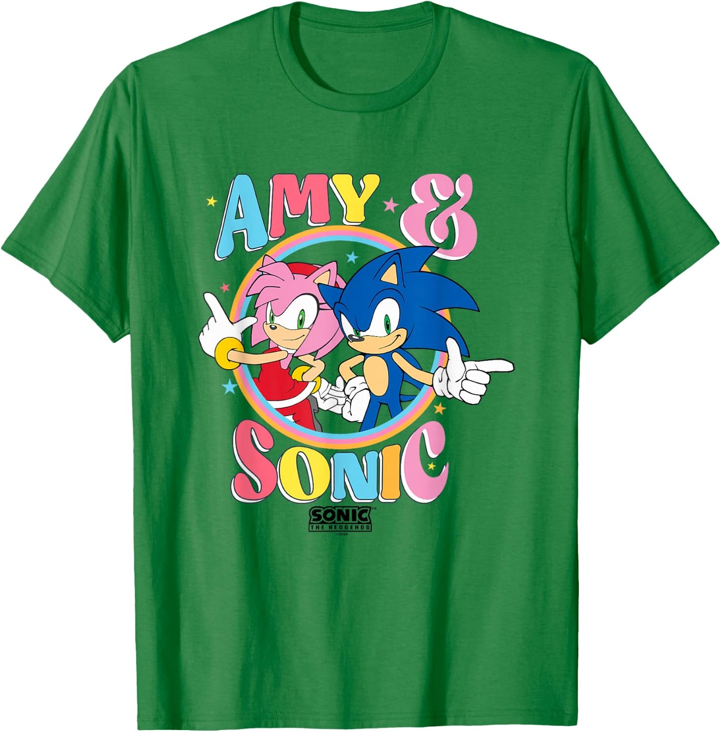 Sonic The Hedgehog Amy & Sonic Colorful Retro Portrait T-Shirt - T-Shirt | Irish Green