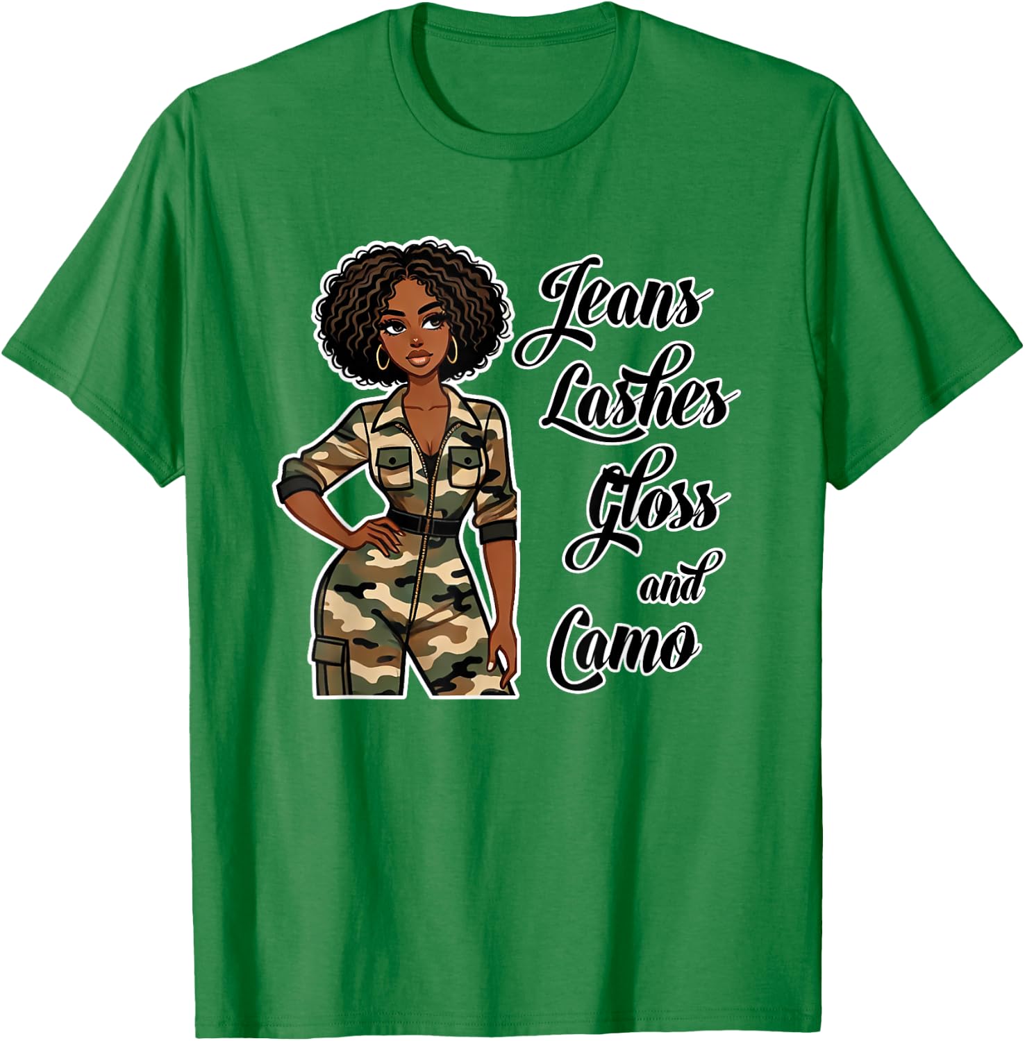Jeans Lashes Gloss and Camo Black Woman Afro T-Shirt - T-Shirt | Irish Green