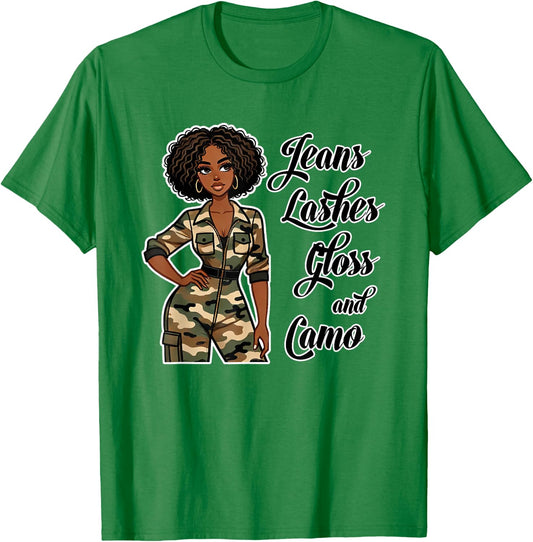 Jeans Lashes Gloss and Camo Black Woman Afro T-Shirt - T-Shirt | Irish Green