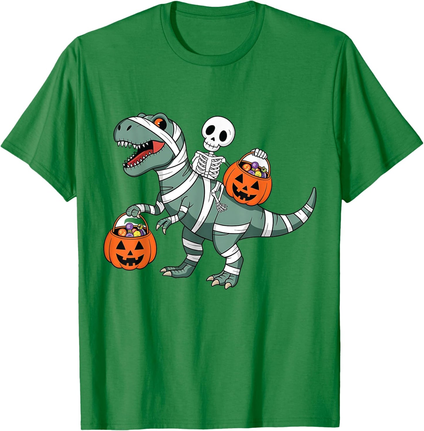 Skeleton Riding Mummy Dinosaur T rex Halloween Funny Pumpkin T-Shirt - T-Shirt | Irish Green