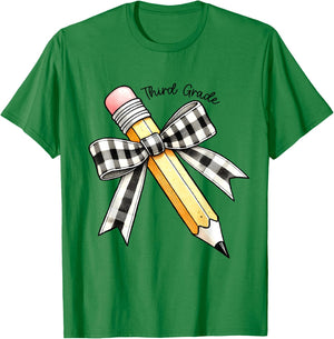 Third Grade Teacher Girl Coquette Pencil Bow 3rd Grade Team T-Shirt - T-Shirt | Irish Green