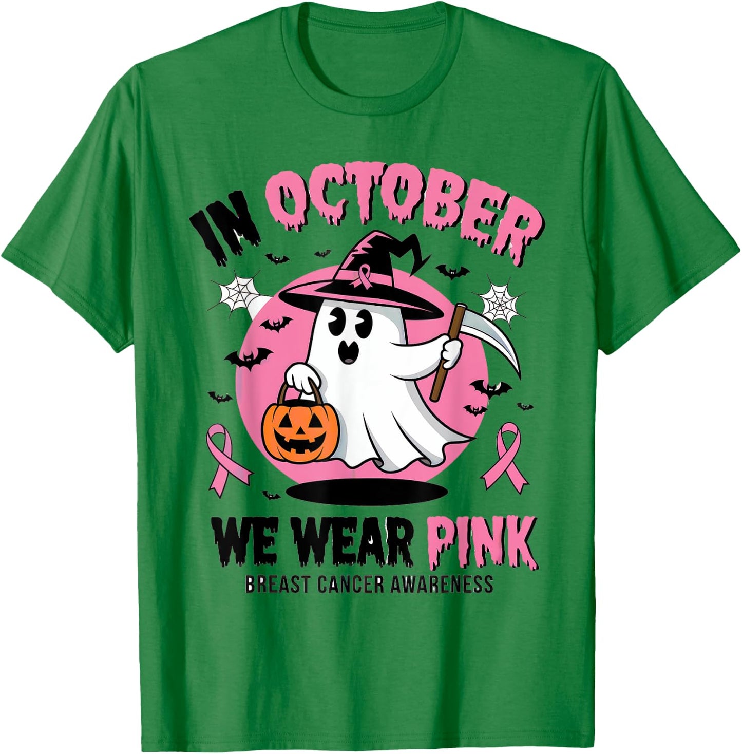In October We Wear Pink Ghost Witch Breast Cancer Awareness T-Shirt - T-Shirt | Irish Green