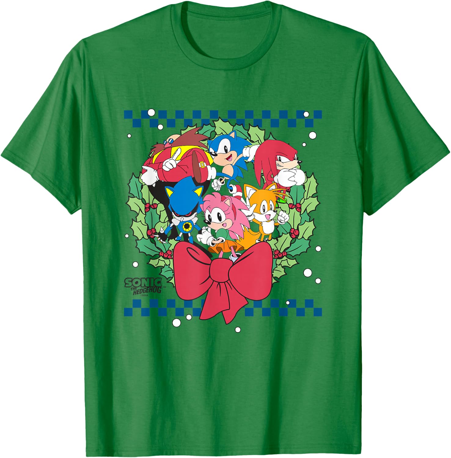 Sonic The Hedgehog Christmas Wreath Group Shot Chest Logo T-Shirt - T-Shirt | Irish Green