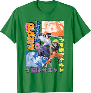 Naruto Shippuden Naruto Sasuke Kanji Collage Anime T-Shirt - T-Shirt | Irish Green