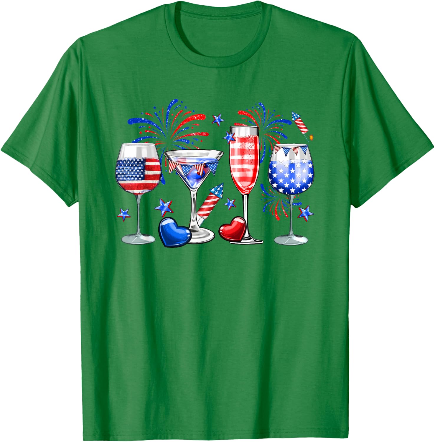 Wine Glasses 4th Of July Drinking Red White Blue USA Flag T-Shirt - T-Shirt | Irish Green