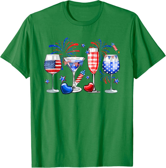 Wine Glasses 4th Of July Drinking Red White Blue USA Flag T-Shirt - T-Shirt | Irish Green