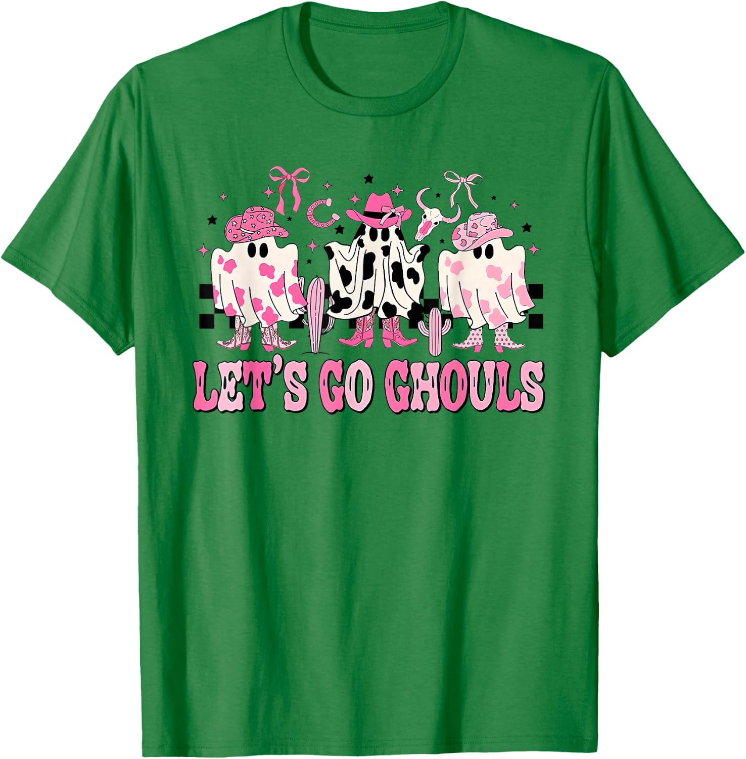 Lets Go Ghouls Groovy Pink Ghost Halloween Western Cowgirl T-Shirt - T-Shirt | Irish Green