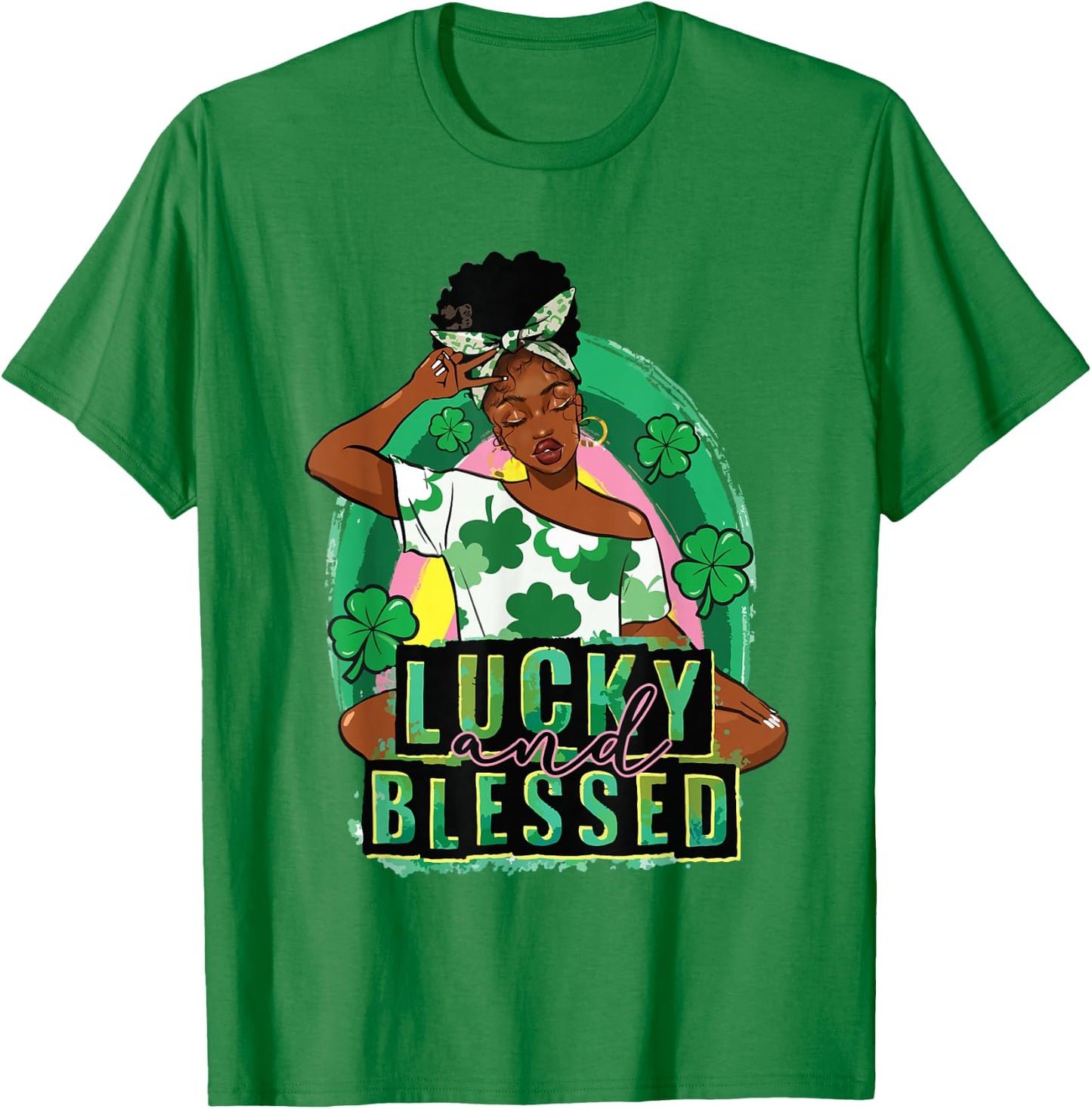 Lucky Blessed African Woman Afro Melanin St Patrick's Day T-Shirt - T-Shirt | Irish Green