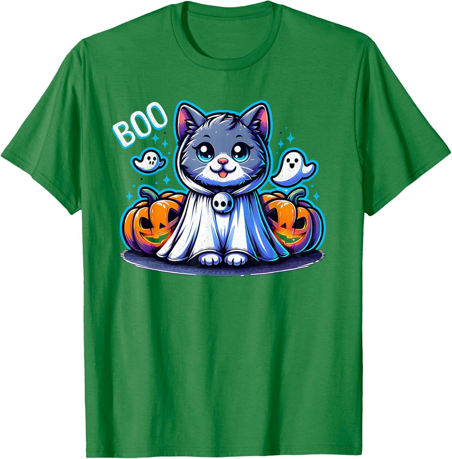 Ghost Cat Boo Funny Cat Pumpkin BOO Kitty Cat Halloween Women Kids T-Shirt - T-Shirt | Irish Green