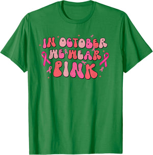 In October We Wear Pink Breast Cancer Awareness Retro Groovy T-Shirt - T-Shirt | Irish Green