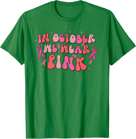 In October We Wear Pink Breast Cancer Awareness Retro Groovy T-Shirt - T-Shirt | Irish Green
