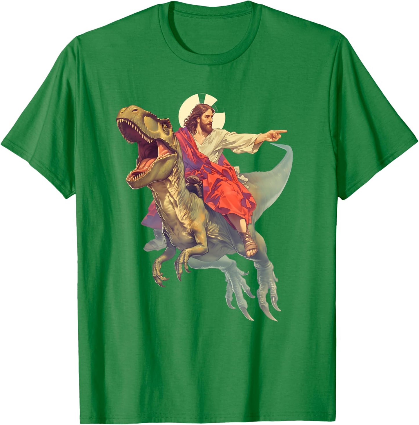 Jesus on Dinosaur | Funny Meme Oddly Specific Weird Ironic T-Shirt - T-Shirt | Irish Green