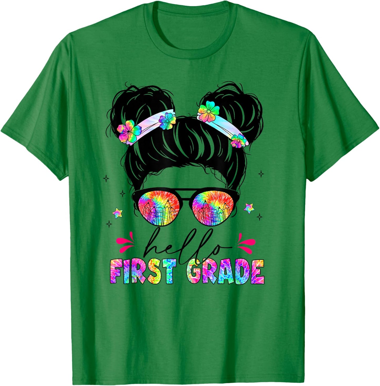 Hello First Grade shirt messy bun tie dye back to school T-Shirt - T-Shirt | Irish Green
