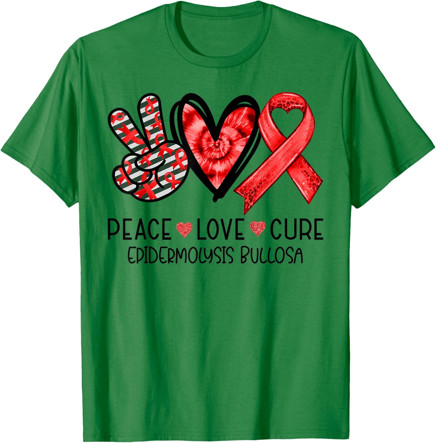 Peace Love Cure Red Ribbon Epidermolysis Bullosa T-Shirt - T-Shirt | Irish Green