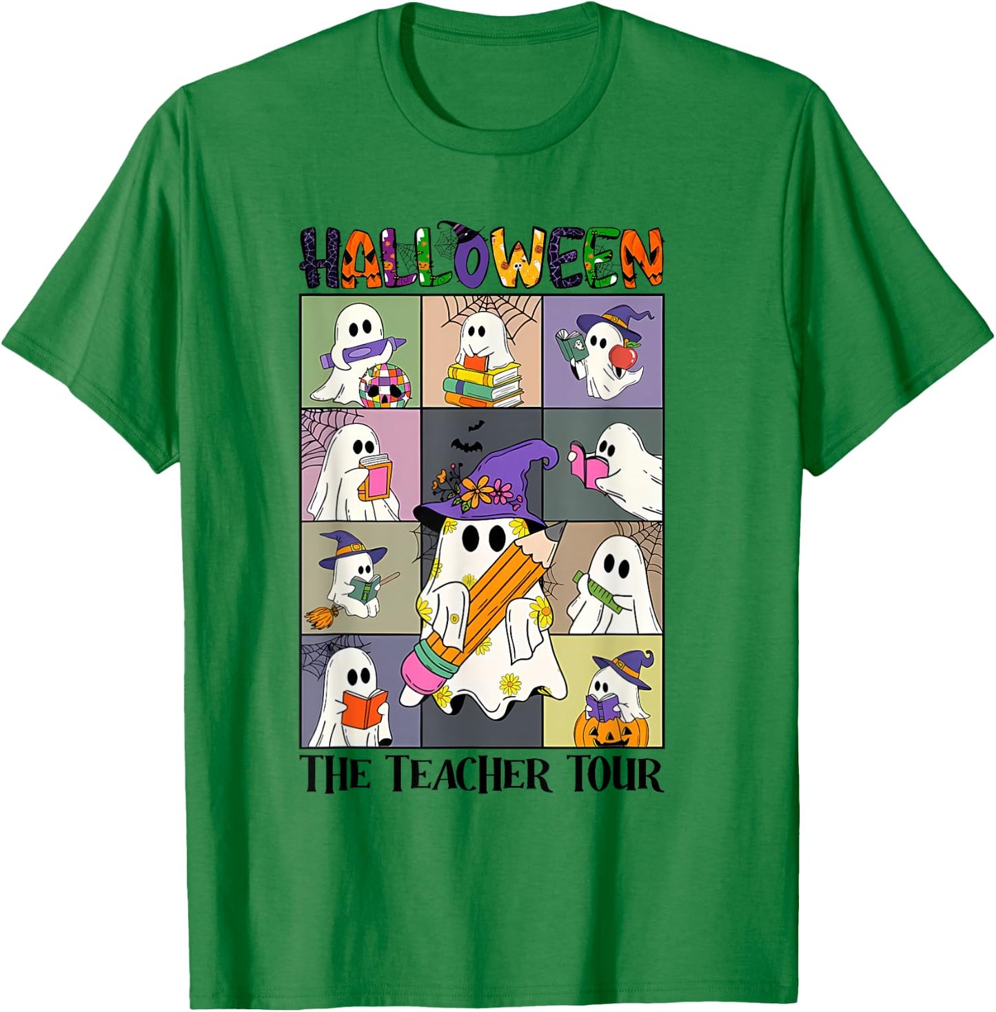 Women Halloween The Teacher Tour Ghosts Pencil Pumpkins T-Shirt - T-Shirt | Irish Green