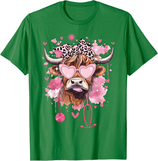 Cute Highland Cow Nurse Cow Lover Summer Break Nursing Funny Men Women Girls Kids T-Shirt - T-Shirt | Irish Green