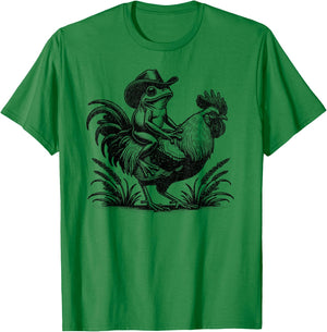 Funny Frog With Cowboy Hat Riding Rooster Country Life T-Shirt - T-Shirt | Irish Green