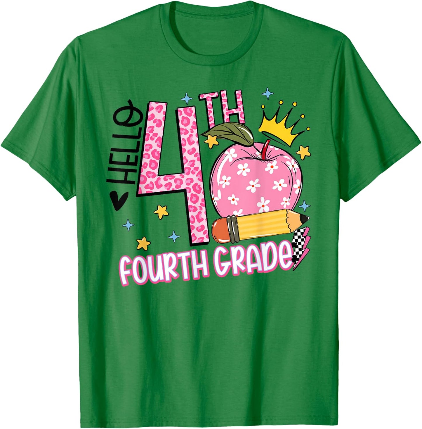 Hello 4th Fourth Grade Back To School Teacher Pink Leopard Women Girls Kids T-Shirt - T-Shirt | Irish Green